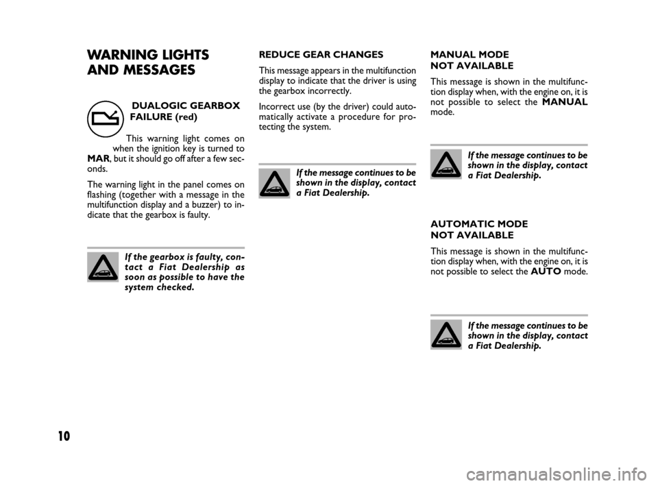 FIAT IDEA 2009 1.G Dualogic Transmission Manual 10
WARNING LIGHTS
AND MESSAGES REDUCE GEAR CHANGES
This message appears in the multifunction
display to indicate that the driver is using
the gearbox incorrectly.
Incorrect use (by the driver) could a