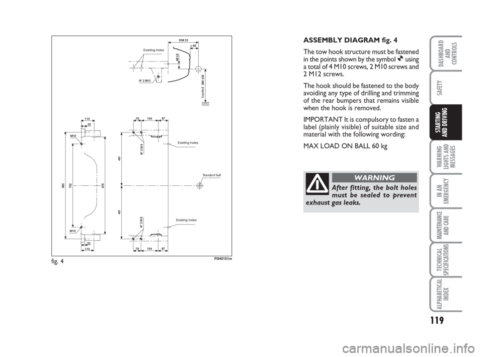 FIAT IDEA 2009 1.G Owners Manual 119
WARNING
LIGHTS AND
MESSAGES
IN AN
EMERGENCY
MAINTENANCE
AND CARE
TECHNICAL
SPECIFICATIONS
ALPHABETICAL
INDEX
DASHBOARD
AND
CONTROLS
SAFETY
STARTING
AND DRIVING
F0H0151m
ASSEMBLY DIAGRAM fig. 4
Th FIAT IDEA 2009 1.G Owners Manual 119
WARNING
LIGHTS AND
MESSAGES
IN AN
EMERGENCY
MAINTENANCE
AND CARE
TECHNICAL
SPECIFICATIONS
ALPHABETICAL
INDEX
DASHBOARD
AND
CONTROLS
SAFETY
STARTING
AND DRIVING
F0H0151m
ASSEMBLY DIAGRAM fig. 4
Th