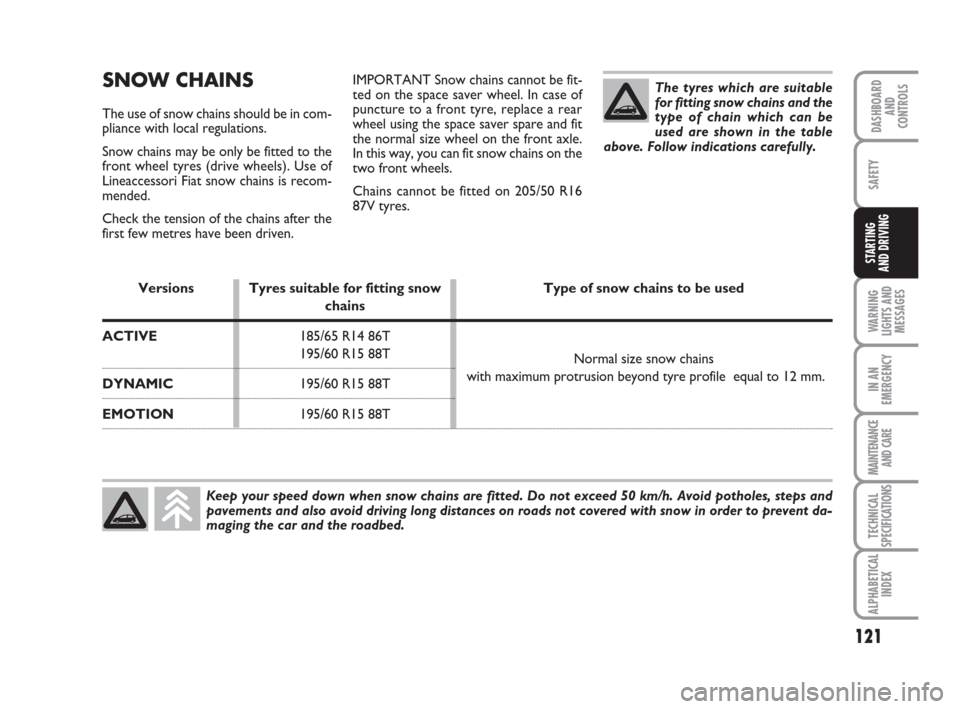 FIAT IDEA 2009 1.G Owners Manual 121
WARNING
LIGHTS AND
MESSAGES
IN AN
EMERGENCY
MAINTENANCE
AND CARE
TECHNICAL
SPECIFICATIONS
ALPHABETICAL
INDEX
DASHBOARD
AND
CONTROLS
SAFETY
STARTING 
AND DRIVING
SNOW CHAINS
The use of snow chains 