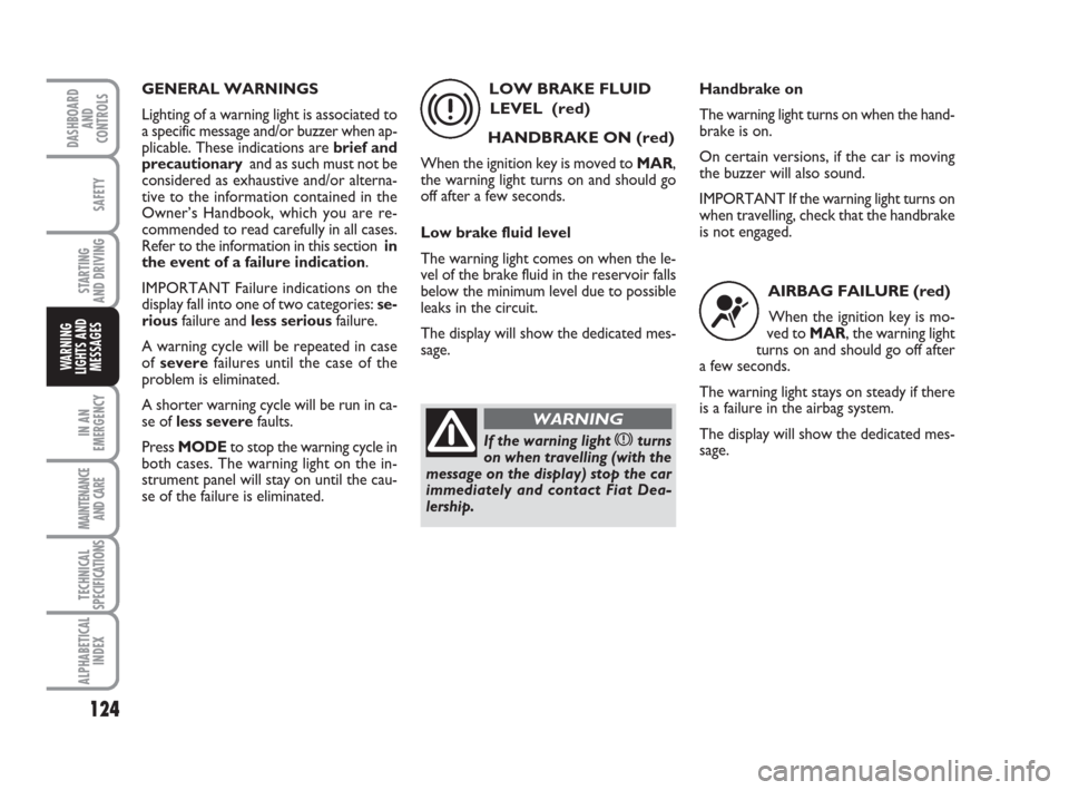 FIAT IDEA 2009 1.G Owners Guide 124
STARTING
AND DRIVING
IN AN
EMERGENCY
MAINTENANCE
AND CARE
TECHNICAL
SPECIFICATIONS
ALPHABETICAL
INDEX
DASHBOARD
AND
CONTROLS
SAFETY
WARNING
LIGHTS AND
MESSAGES
GENERAL WARNINGS
Lighting of a warn FIAT IDEA 2009 1.G Owners Guide 124
STARTING
AND DRIVING
IN AN
EMERGENCY
MAINTENANCE
AND CARE
TECHNICAL
SPECIFICATIONS
ALPHABETICAL
INDEX
DASHBOARD
AND
CONTROLS
SAFETY
WARNING
LIGHTS AND
MESSAGES
GENERAL WARNINGS
Lighting of a warn