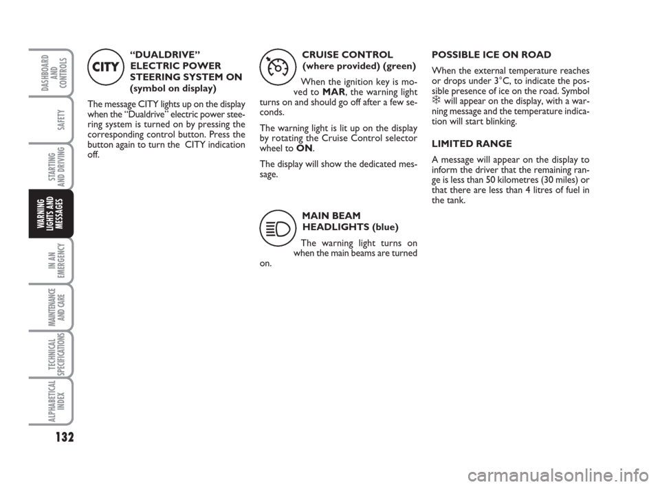 FIAT IDEA 2009 1.G Owners Manual 132
STARTING 
AND DRIVING
IN AN
EMERGENCY
MAINTENANCE
AND CARE
TECHNICAL
SPECIFICATIONS
ALPHABETICAL
INDEX
DASHBOARD
AND
CONTROLS
SAFETY
WARNING
LIGHTS AND
MESSAGES
“DUALDRIVE”
ELECTRIC POWER
STEE