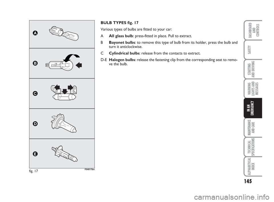 FIAT IDEA 2009 1.G Owners Manual 145
STARTING 
AND DRIVING
MAINTENANCE
AND CARE
TECHNICAL
SPECIFICATIONS
ALPHABETICAL
INDEX
DASHBOARD
AND
CONTROLS
SAFETY
WARNING
LIGHTS AND
MESSAGES
IN AN
EMERGENCY
BULB TYPES fig. 17
Various types of