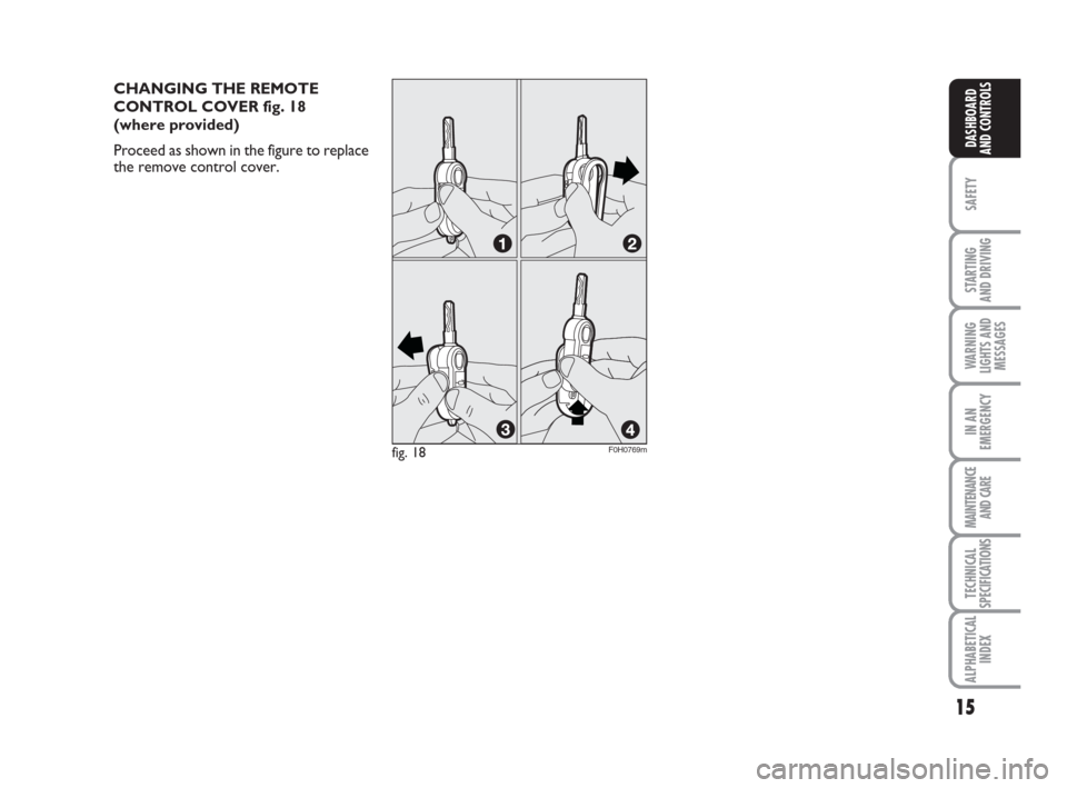 FIAT IDEA 2009 1.G User Guide 15
SAFETY
STARTING 
AND DRIVING
WARNING
LIGHTS AND
MESSAGES
IN AN
EMERGENCY
MAINTENANCE
AND CARE
TECHNICAL
SPECIFICATIONS
ALPHABETICAL
INDEX
DASHBOARD
AND CONTROLS
CHANGING THE REMOTE
CONTROL COVER fi