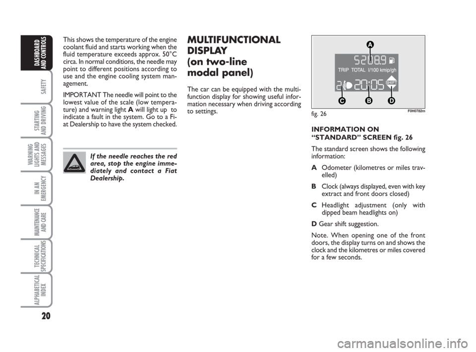 FIAT IDEA 2009 1.G Owners Manual 20
SAFETY
STARTING 
AND DRIVING
WARNING
LIGHTS AND
MESSAGES
IN AN
EMERGENCY
MAINTENANCE
AND CARE
TECHNICAL
SPECIFICATIONS
ALPHABETICAL
INDEX
DASHBOARD
AND CONTROLS
This shows the temperature of the en