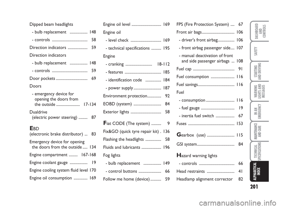 FIAT IDEA 2009 1.G Owners Manual 201
STARTING 
AND DRIVING
IN AN
EMERGENCY
MAINTENANCE
AND CARE
DASHBOARD
AND
CONTROLS
SAFETY
WARNING
LIGHTS AND
MESSAGES
TECHNICAL
SPECIFICATIONS
ALPHABETICAL
INDEX
Dipped beam headlights
- bulb repla