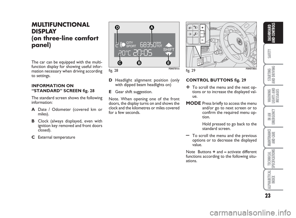 FIAT IDEA 2009 1.G Owners Manual 23
SAFETY
STARTING 
AND DRIVING
WARNING
LIGHTS AND
MESSAGES
IN AN
EMERGENCY
MAINTENANCE
AND CARE
TECHNICAL
SPECIFICATIONS
ALPHABETICAL
INDEX
DASHBOARD
AND CONTROLS
fig. 28F0H0781m
MULTIFUNCTIONAL
DISP