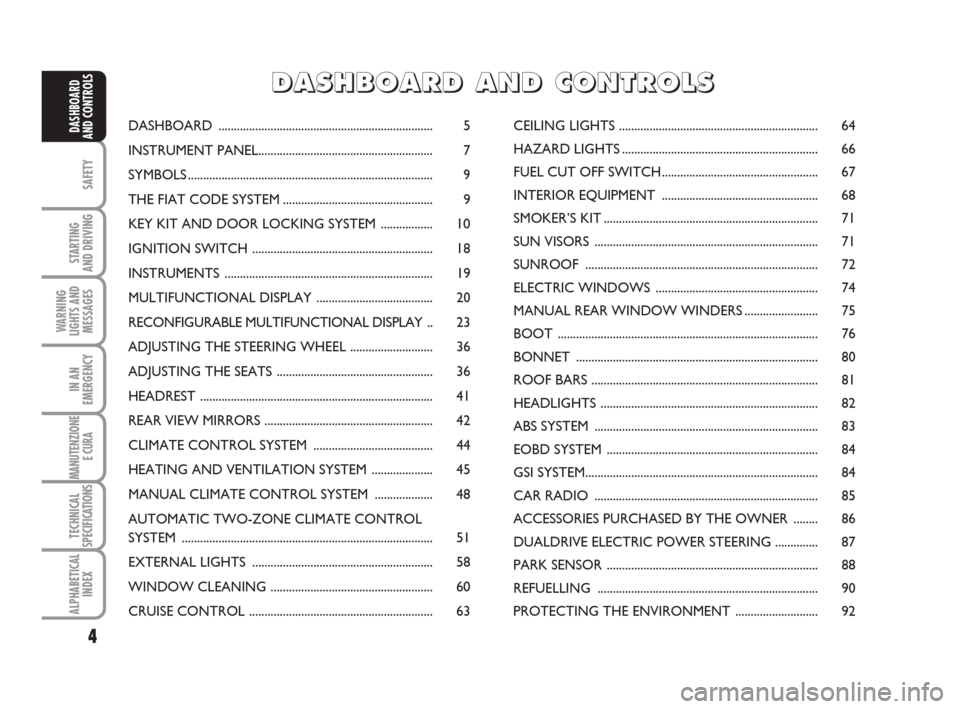 FIAT IDEA 2009 1.G Owners Manual 4
SAFETY
STARTING 
AND DRIVING
WARNING
LIGHTS AND
MESSAGES
IN AN
EMERGENCY
MANUTENZIONE
E CURA 
TECHNICAL
SPECIFICATIONS
ALPHABETICAL
INDEX
DASHBOARD
AND CONTROLSDASHBOARD ............................