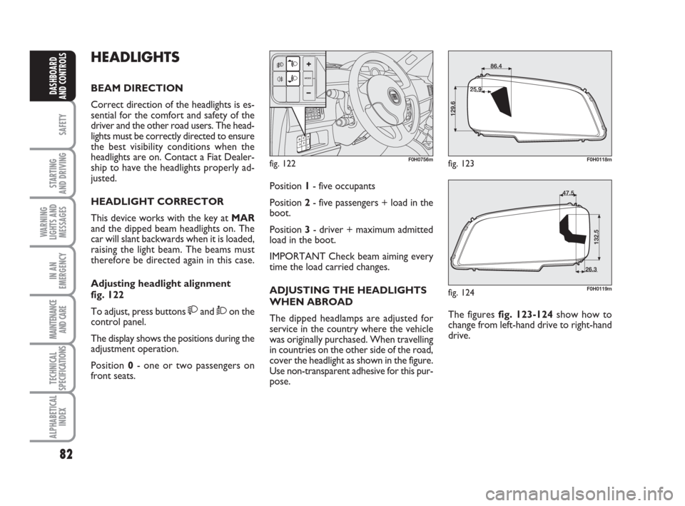 FIAT IDEA 2009 1.G Owners Manual 82
SAFETY
STARTING 
AND DRIVING
WARNING
LIGHTS AND
MESSAGES
IN AN
EMERGENCY
MAINTENANCE
AND CARE
TECHNICAL
SPECIFICATIONS
ALPHABETICAL
INDEX
DASHBOARD
AND CONTROLS
HEADLIGHTS
BEAM DIRECTION
Correct di