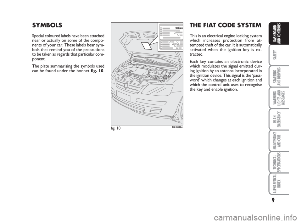 FIAT IDEA 2009 1.G Owners Manual 9
SAFETY
STARTING 
AND DRIVING
WARNING
LIGHTS AND
MESSAGES
IN AN
EMERGENCY
MAINTENANCE
AND CARE
TECHNICAL
SPECIFICATIONS
ALPHABETICAL
INDEX
DASHBOARD
AND CONTROLS
F0H0012mfig. 10
SYMBOLS
Special colou