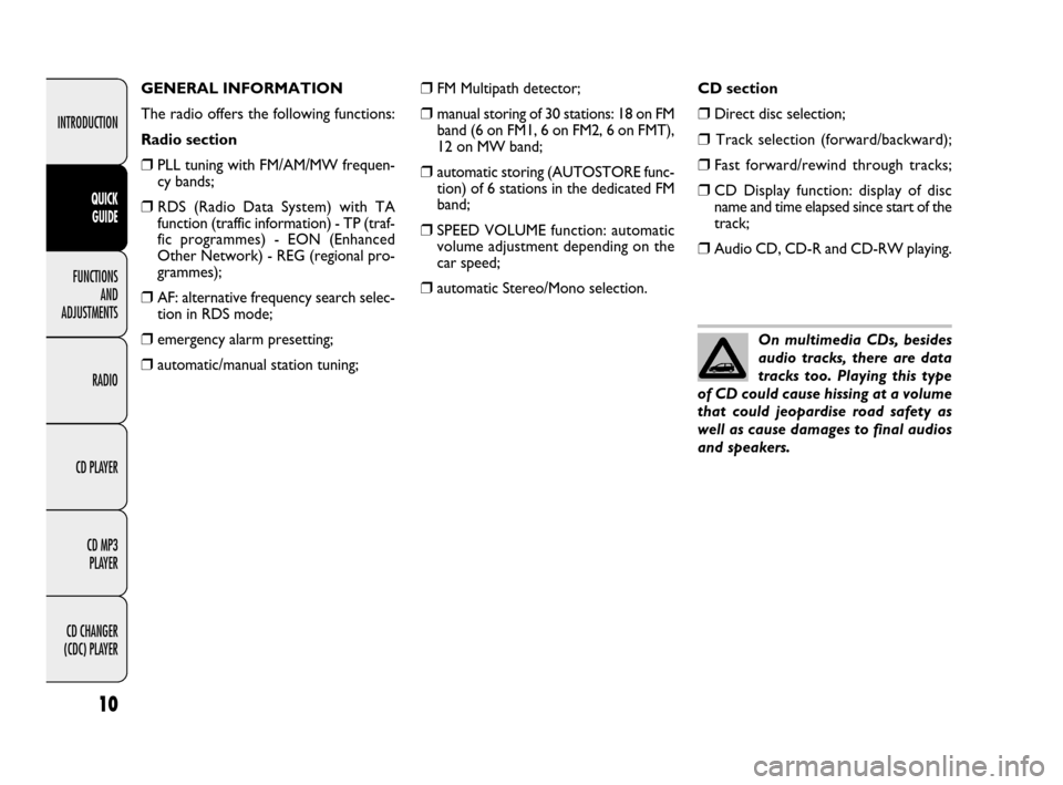 FIAT IDEA 2009 1.G Radio CD MP3 Manual 10
INTRODUCTION
FUNCTIONS
AND
ADJUSTMENTS
RADIO
CD PLAYER
CD MP3
PLAYER
CD CHANGER
(CDC) PLAYER
QUICK
GUIDE
❒FM Multipath detector;
❒manual storing of 30 stations: 18 on FM
band (6 on FM1, 6 FIAT IDEA 2009 1.G Radio CD MP3 Manual 10
INTRODUCTION
FUNCTIONS
AND
ADJUSTMENTS
RADIO
CD PLAYER
CD MP3
PLAYER
CD CHANGER
(CDC) PLAYER
QUICK
GUIDE
❒FM Multipath detector;
❒manual storing of 30 stations: 18 on FM
band (6 on FM1, 6