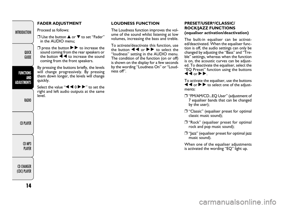 FIAT IDEA 2009 1.G Radio CD MP3 Manual 14
INTRODUCTION
FUNCTIONS 
AND 
ADJUSTMENTS
RADIO
CD PLAYER
CD MP3 
PLAYER
CD CHANGER 
(CDC) PLAYERQUICK 
GUIDE
LOUDNESS FUNCTION
The Loudness function improves the vol-
ume of the sound whilst listen