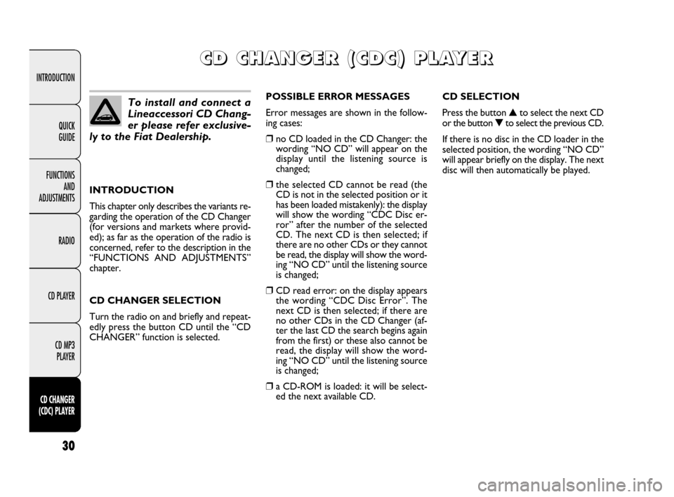 FIAT IDEA 2009 1.G Radio CD MP3 Manual 30
INTRODUCTION
FUNCTIONS
AND
ADJUSTMENTS
RADIO
CD PLAYER
CD MP3
PLAYER
CD CHANGER
(CDC) PLAYER
QUICK
GUIDE
INTRODUCTION
This chapter only describes the variants re-
garding the operation of the FIAT IDEA 2009 1.G Radio CD MP3 Manual 30
INTRODUCTION
FUNCTIONS
AND
ADJUSTMENTS
RADIO
CD PLAYER
CD MP3
PLAYER
CD CHANGER
(CDC) PLAYER
QUICK
GUIDE
INTRODUCTION
This chapter only describes the variants re-
garding the operation of the