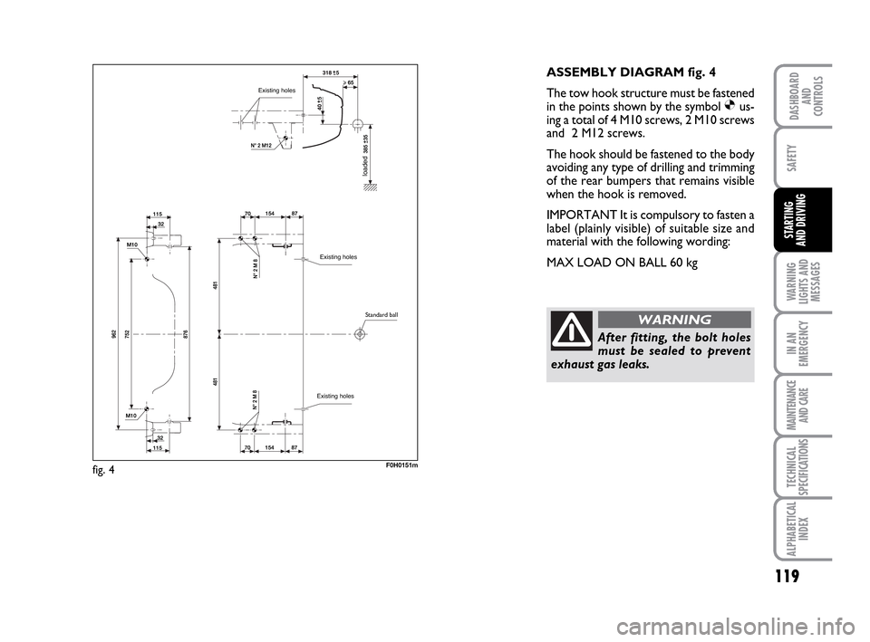 FIAT IDEA 2010 1.G Owners Manual 119
WARNING
LIGHTS AND
MESSAGES
IN AN
EMERGENCY
MAINTENANCE
AND CARE
TECHNICAL
SPECIFICATIONS
ALPHABETICAL
INDEX
DASHBOARD
AND
CONTROLS
SAFETY
STARTING
AND DRIVING
F0H0151m
ASSEMBLY DIAGRAM fig. 4
Th FIAT IDEA 2010 1.G Owners Manual 119
WARNING
LIGHTS AND
MESSAGES
IN AN
EMERGENCY
MAINTENANCE
AND CARE
TECHNICAL
SPECIFICATIONS
ALPHABETICAL
INDEX
DASHBOARD
AND
CONTROLS
SAFETY
STARTING
AND DRIVING
F0H0151m
ASSEMBLY DIAGRAM fig. 4
Th