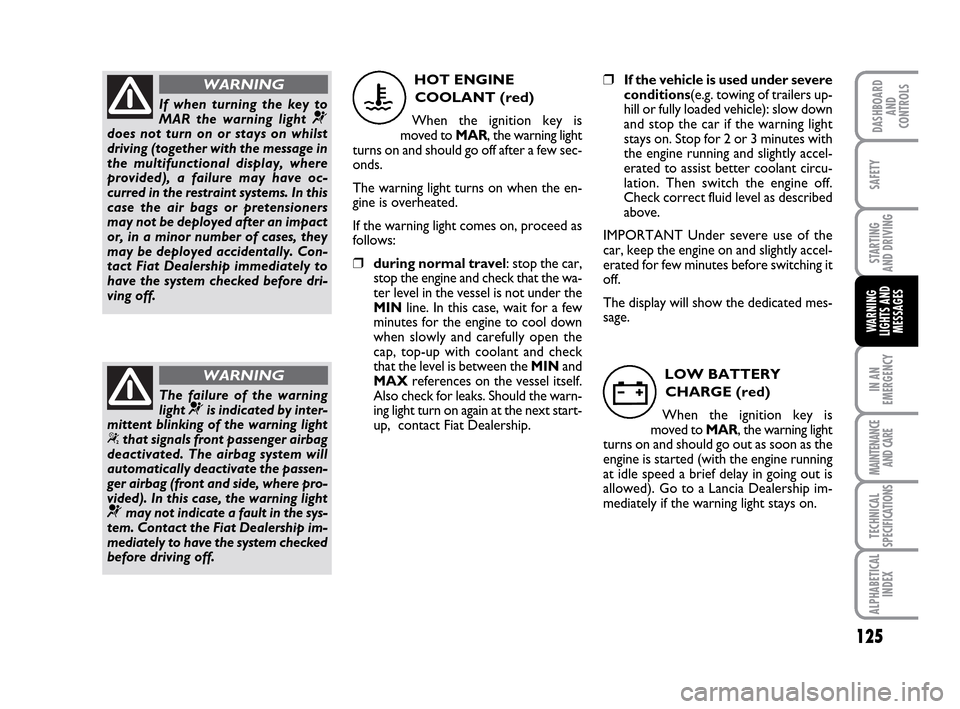 FIAT IDEA 2010 1.G Owners Manual 125
STARTING
AND DRIVING
IN AN
EMERGENCY
MAINTENANCE
AND CARE
TECHNICAL
SPECIFICATIONS
ALPHABETICAL
INDEX
DASHBOARD
AND
CONTROLS
SAFETY
WARNING
LIGHTS AND
MESSAGES
If when turning the key to
MAR the FIAT IDEA 2010 1.G Owners Manual 125
STARTING
AND DRIVING
IN AN
EMERGENCY
MAINTENANCE
AND CARE
TECHNICAL
SPECIFICATIONS
ALPHABETICAL
INDEX
DASHBOARD
AND
CONTROLS
SAFETY
WARNING
LIGHTS AND
MESSAGES
If when turning the key to
MAR the