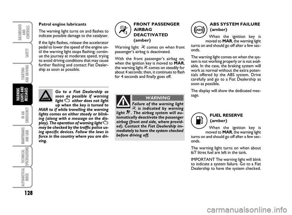FIAT IDEA 2010 1.G Owners Manual 128
STARTING
AND DRIVING
IN AN
EMERGENCY
MAINTENANCE
AND CARE
TECHNICAL
SPECIFICATIONS
ALPHABETICAL
INDEX
DASHBOARD
AND
CONTROLS
SAFETY
WARNING
LIGHTS AND
MESSAGES
FRONT PASSENGER
AIRBAG
DEACTIVATED
FIAT IDEA 2010 1.G Owners Manual 128
STARTING
AND DRIVING
IN AN
EMERGENCY
MAINTENANCE
AND CARE
TECHNICAL
SPECIFICATIONS
ALPHABETICAL
INDEX
DASHBOARD
AND
CONTROLS
SAFETY
WARNING
LIGHTS AND
MESSAGES
FRONT PASSENGER
AIRBAG
DEACTIVATED