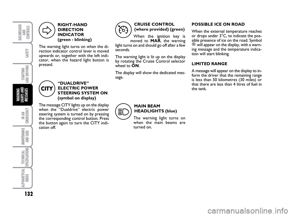 FIAT IDEA 2010 1.G Owners Manual 132
STARTING
AND DRIVING
IN AN
EMERGENCY
MAINTENANCE
AND CARE
TECHNICAL
SPECIFICATIONS
ALPHABETICAL
INDEX
DASHBOARD
AND
CONTROLS
SAFETY
WARNING
LIGHTS AND
MESSAGES
“DUALDRIVE”
ELECTRIC POWER
STEE FIAT IDEA 2010 1.G Owners Manual 132
STARTING
AND DRIVING
IN AN
EMERGENCY
MAINTENANCE
AND CARE
TECHNICAL
SPECIFICATIONS
ALPHABETICAL
INDEX
DASHBOARD
AND
CONTROLS
SAFETY
WARNING
LIGHTS AND
MESSAGES
“DUALDRIVE”
ELECTRIC POWER
STEE