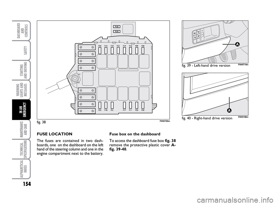 FIAT IDEA 2010 1.G Owners Manual 154
STARTING
AND DRIVING
MAINTENANCE
AND CARE
TECHNICAL
SPECIFICATIONS
ALPHABETICAL
INDEX
DASHBOARD
AND
CONTROLS
SAFETY
WARNING
LIGHTS AND
MESSAGES
IN AN
EMERGENCY
F0H0720m
FUSE LOCATION
The fuses ar FIAT IDEA 2010 1.G Owners Manual 154
STARTING
AND DRIVING
MAINTENANCE
AND CARE
TECHNICAL
SPECIFICATIONS
ALPHABETICAL
INDEX
DASHBOARD
AND
CONTROLS
SAFETY
WARNING
LIGHTS AND
MESSAGES
IN AN
EMERGENCY
F0H0720m
FUSE LOCATION
The fuses ar