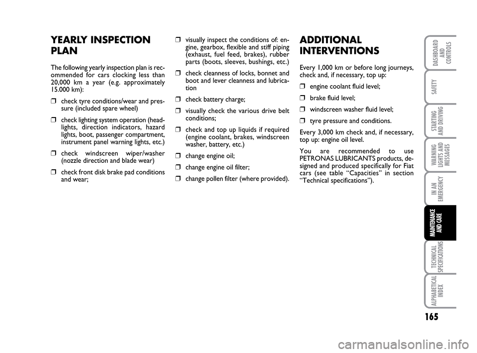 FIAT IDEA 2010 1.G Owners Manual 165
STARTING 
AND DRIVING
IN AN
EMERGENCY
TECHNICAL
SPECIFICATIONS
ALPHABETICAL
INDEX
DASHBOARD
AND
CONTROLS
SAFETY
WARNING
LIGHTS AND
MESSAGES
MAINTENANCE
AND CARE
YEARLY INSPECTION
PLAN
The followin