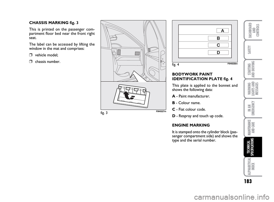 FIAT IDEA 2010 1.G Owners Manual 183
STARTING
AND DRIVING
IN AN
EMERGENCY
MAINTENANCE
AND CARE
ALPHABETICAL
INDEX
DASHBOARD
AND
CONTROLS
SAFETY
WARNING
LIGHTS AND
MESSAGES
TECHNICAL
SPECIFICATIONS
CHASSIS MARKING fig. 3
This is prin FIAT IDEA 2010 1.G Owners Manual 183
STARTING
AND DRIVING
IN AN
EMERGENCY
MAINTENANCE
AND CARE
ALPHABETICAL
INDEX
DASHBOARD
AND
CONTROLS
SAFETY
WARNING
LIGHTS AND
MESSAGES
TECHNICAL
SPECIFICATIONS
CHASSIS MARKING fig. 3
This is prin
