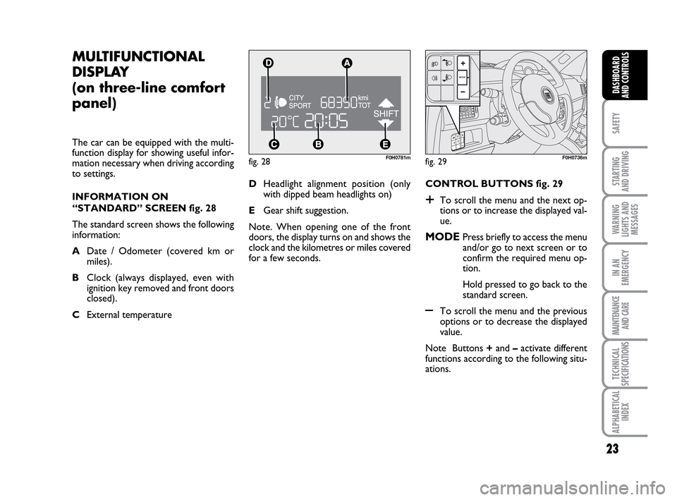 FIAT IDEA 2010 1.G User Guide 23
SAFETY
STARTING
AND DRIVING
WARNING
LIGHTS AND
MESSAGES
IN AN
EMERGENCY
MAINTENANCE
AND CARE
TECHNICAL
SPECIFICATIONS
ALPHABETICAL
INDEX
DASHBOARD
AND CONTROLS
fig. 28F0H0781m
MULTIFUNCTIONAL
DISP FIAT IDEA 2010 1.G User Guide 23
SAFETY
STARTING
AND DRIVING
WARNING
LIGHTS AND
MESSAGES
IN AN
EMERGENCY
MAINTENANCE
AND CARE
TECHNICAL
SPECIFICATIONS
ALPHABETICAL
INDEX
DASHBOARD
AND CONTROLS
fig. 28F0H0781m
MULTIFUNCTIONAL
DISP