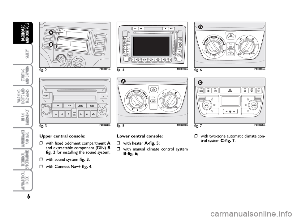 FIAT IDEA 2010 1.G Owners Manual 6
SAFETY
STARTING
AND DRIVING
WARNING
LIGHTS AND
MESSAGES
IN AN
EMERGENCY
MAINTENANCE
AND CARE
TECHNICAL
SPECIFICATIONS
ALPHABETICAL
INDEX
DASHBOARD
AND CONTROLS
fig. 2F0H0231m
Upper central console: FIAT IDEA 2010 1.G Owners Manual 6
SAFETY
STARTING
AND DRIVING
WARNING
LIGHTS AND
MESSAGES
IN AN
EMERGENCY
MAINTENANCE
AND CARE
TECHNICAL
SPECIFICATIONS
ALPHABETICAL
INDEX
DASHBOARD
AND CONTROLS
fig. 2F0H0231m
Upper central console: