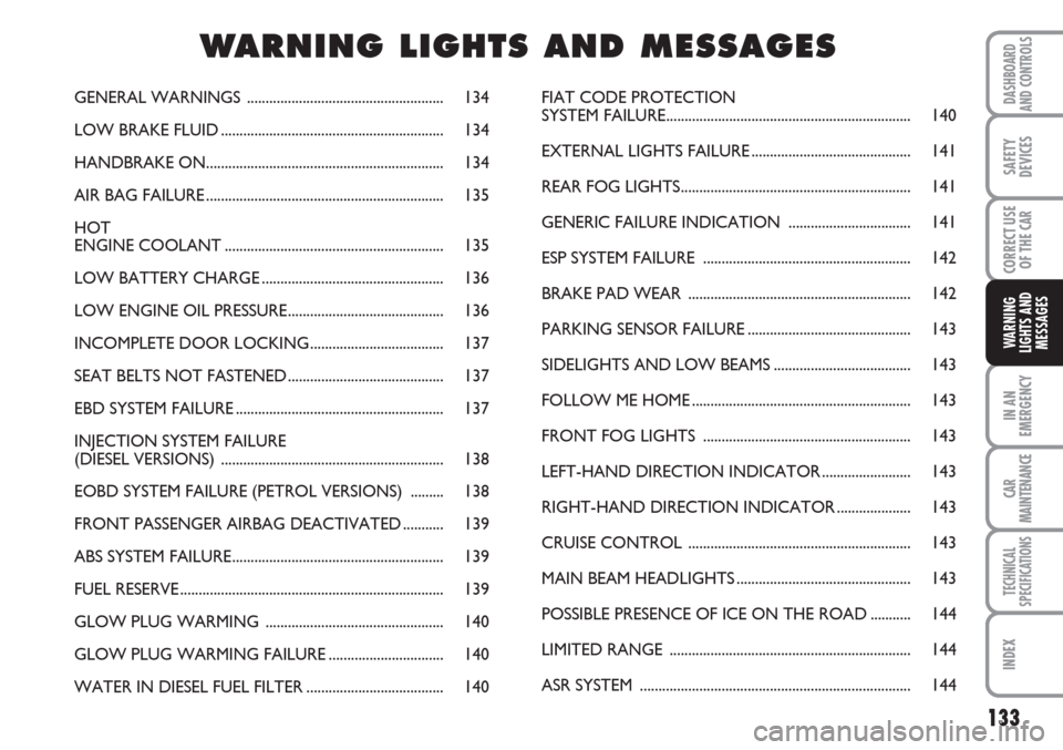 FIAT LINEA 2007 1.G Owners Manual 133
IN AN
EMERGENCY
CAR
MAINTENANCE
TECHNICAL
SPECIFICATIONS
INDEX
DASHBOARD
AND CONTROLS
SAFETY
DEVICES
CORRECT USE
OF THE 
CAR
WARNING
LIGHTS AND
MESSAGES
GENERAL WARNINGS ..........................