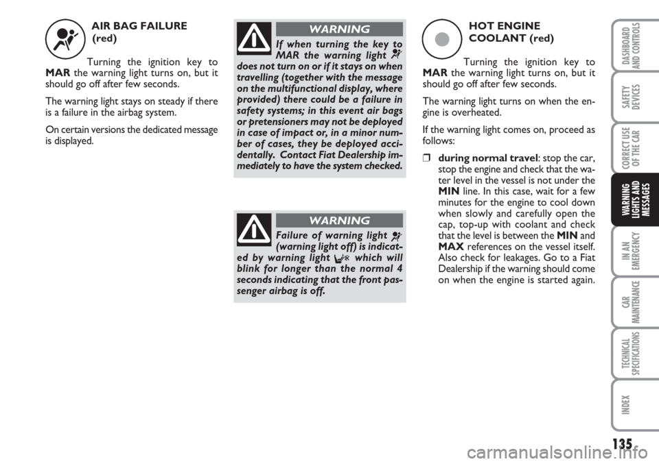 FIAT LINEA 2007 1.G Owners Manual 135
IN AN
EMERGENCY
CAR
MAINTENANCE
TECHNICAL
SPECIFICATIONS
INDEX
DASHBOARD
AND CONTROLS
SAFETY
DEVICES
CORRECT USE
OF THE 
CAR
WARNING
LIGHTS AND
MESSAGES
AIR BAG FAILURE 
(red)
Turning the ignition