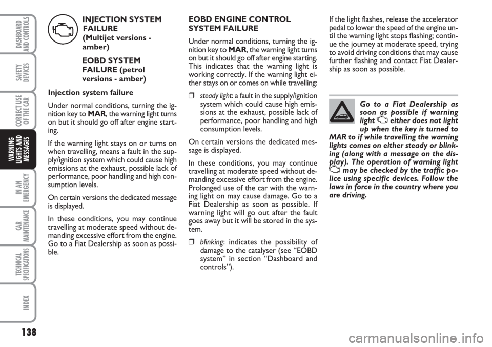 FIAT LINEA 2007 1.G User Guide 138
IN AN
EMERGENCY
CAR
MAINTENANCE
TECHNICAL
SPECIFICATIONS
INDEX
DASHBOARD
AND CONTROLS
SAFETY
DEVICES
CORRECT USE
OF THE 
CAR
WARNING
LIGHTS AND
MESSAGES
Go to a Fiat Dealership as
soon as possible