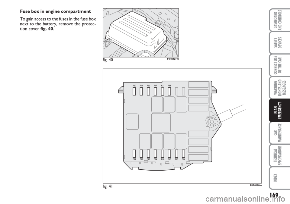 FIAT LINEA 2007 1.G Owners Manual 169
WARNING
LIGHTS AND
MESSAGES
CAR
MAINTENANCE
TECHNICAL
SPECIFICATIONS
INDEX
DASHBOARD
AND CONTROLS
SAFETY
DEVICES
CORRECT USE
OF THE 
CAR
IN AN
EMERGENCY
Fuse box in engine compartment
To gain acce