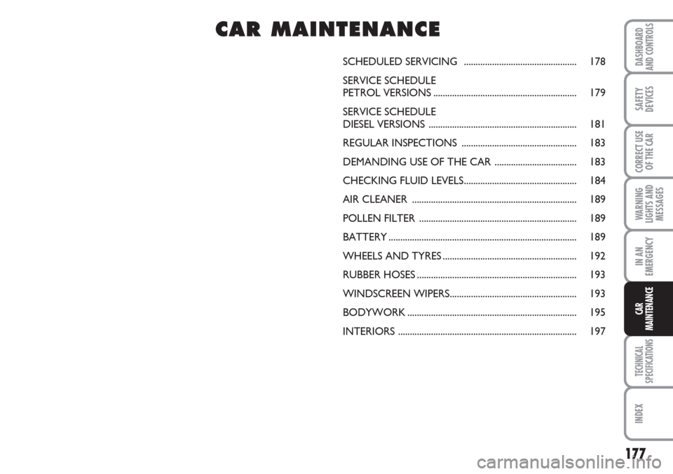 FIAT LINEA 2007 1.G Owners Manual 177
WARNING
LIGHTS AND
MESSAGES
TECHNICAL
SPECIFICATIONS
INDEX
DASHBOARD
AND CONTROLS
SAFETY
DEVICES
CORRECT USE
OF THE CAR
IN AN
EMERGENCY
CAR
MAINTENANCE
SCHEDULED SERVICING  .......................