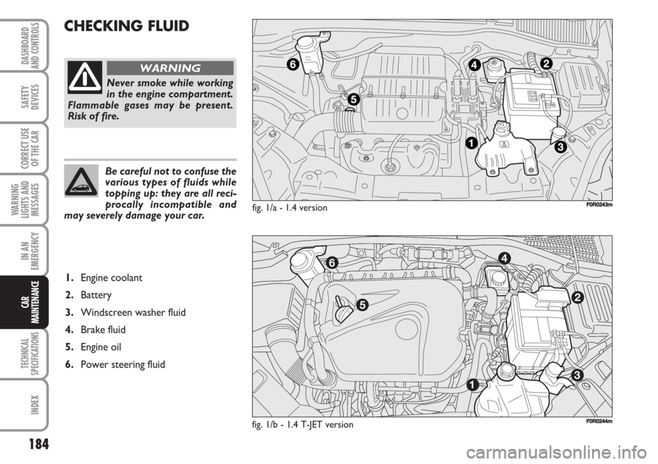 FIAT LINEA 2007 1.G User Guide 184
WARNING
LIGHTS AND
MESSAGES
TECHNICAL
SPECIFICATIONS
INDEX
DASHBOARD
AND CONTROLS
SAFETY
DEVICES
CORRECT USE
OF THE CAR
IN AN
EMERGENCY
CAR
MAINTENANCE
CHECKING FLUID 
fig. 1/a - 1.4 version 
Neve