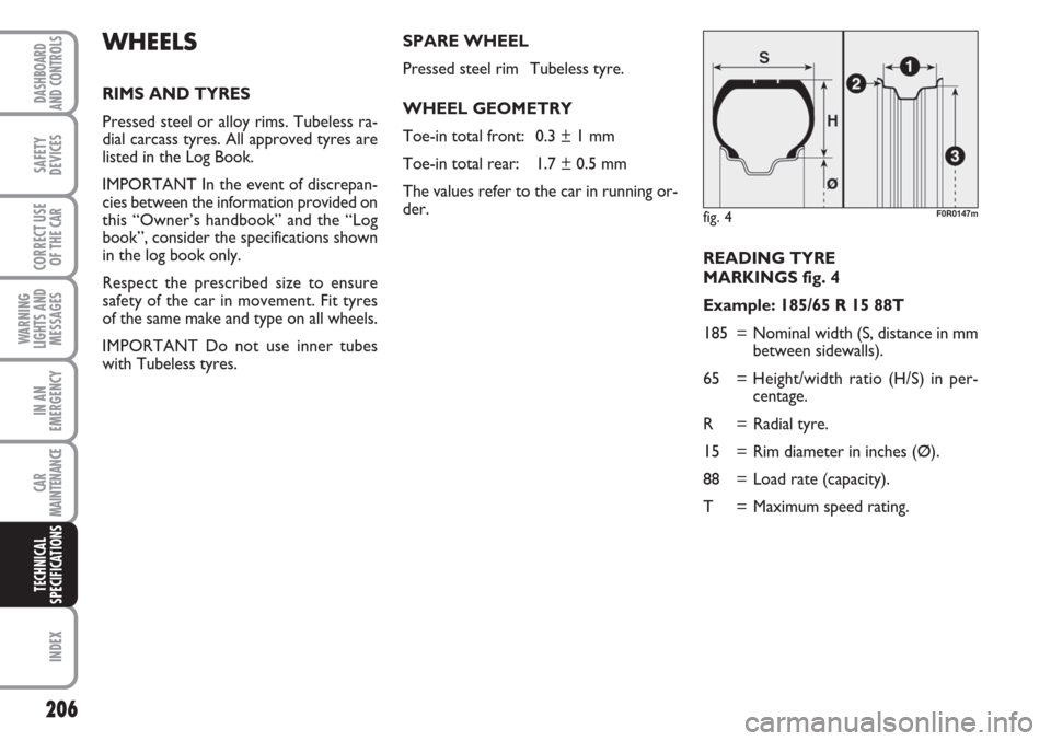 FIAT LINEA 2007 1.G Owners Manual 206
WARNING
LIGHTS AND
MESSAGES
INDEX
DASHBOARD
AND CONTROLS
SAFETY
DEVICES
CORRECT USE
OF THE
CAR
IN AN
EMERGENCY
CAR
MAINTENANCE
TECHNICAL
SPECIFICATIONS
READING TYRE
MARKINGS fig. 4
Example: 185/ FIAT LINEA 2007 1.G Owners Manual 206
WARNING
LIGHTS AND
MESSAGES
INDEX
DASHBOARD
AND CONTROLS
SAFETY
DEVICES
CORRECT USE
OF THE
CAR
IN AN
EMERGENCY
CAR
MAINTENANCE
TECHNICAL
SPECIFICATIONS
READING TYRE
MARKINGS fig. 4
Example: 185/