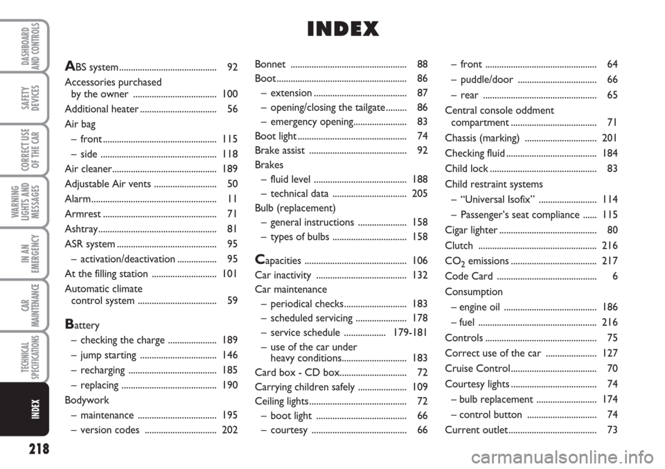 FIAT LINEA 2007 1.G Owners Manual 218
WARNING
LIGHTS AND
MESSAGES
DASHBOARD
AND CONTROLS
SAFETY
DEVICES
CORRECT USE
OF THE 
CAR
IN AN
EMERGENCY
CAR
MAINTENANCE
TECHNICAL
SPECIFICATIONS
INDEX
Bonnet ....................................