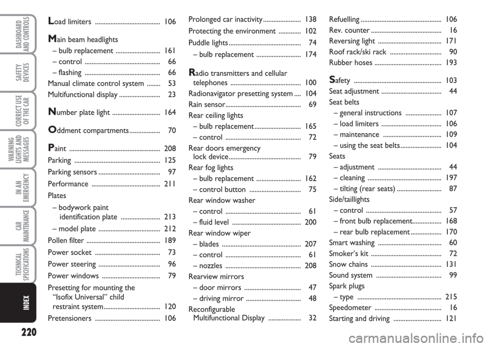 FIAT LINEA 2007 1.G Owners Manual 220
WARNING
LIGHTS AND
MESSAGES
DASHBOARD
AND CONTROLS
SAFETY
DEVICES
CORRECT USE
OF THE 
CAR
IN AN
EMERGENCY
CAR
MAINTENANCE
TECHNICAL
SPECIFICATIONS
INDEX
Prolonged car inactivity...................