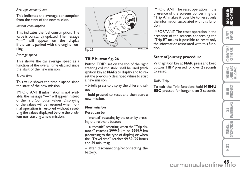 FIAT LINEA 2007 1.G Owners Manual 43
SAFETY
DEVICES
CORRECT USE
OF THE 
CAR
WARNING
LIGHTS AND
MESSAGES
IN AN
EMERGENCY
CAR
MAINTENANCE
TECHNICAL
SPECIFICATIONS
INDEX
DASHBOARD
AND CONTROLS
Average consumption
This indicates the avera