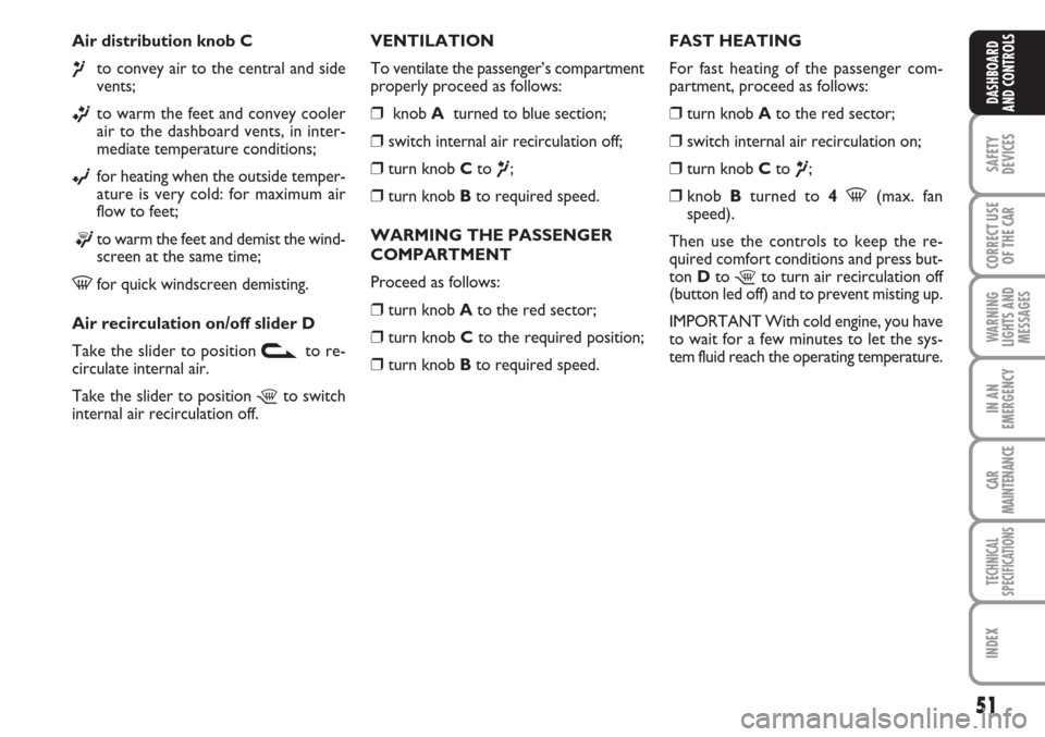 FIAT LINEA 2007 1.G Owners Manual 51
SAFETY
DEVICES
CORRECT USE
OF THE 
CAR
WARNING
LIGHTS AND
MESSAGES
IN AN
EMERGENCY
CAR
MAINTENANCE
TECHNICAL
SPECIFICATIONS
INDEX
DASHBOARD
AND CONTROLS
Air distribution knob C
¶to convey air to t