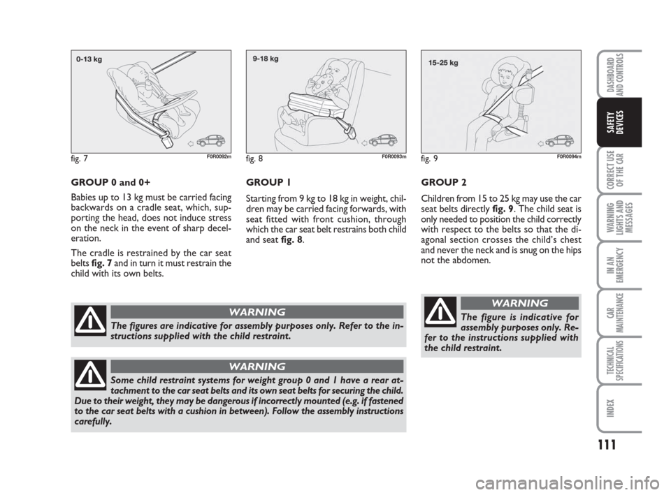 FIAT LINEA 2008 1.G Owners Manual 111
CORRECT USE
OF THE 
CAR
WARNING
LIGHTS AND
MESSAGES
IN AN
EMERGENCY
CAR
MAINTENANCE
TECHNICAL
SPECIFICATIONS
INDEX
DASHBOARD
AND CONTROLS
SAFETY
DEVICES
GROUP 0 and 0+
Babies up to 13 kg must be c