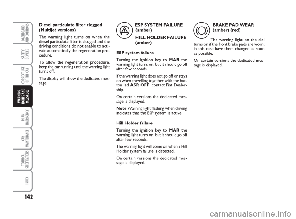 FIAT LINEA 2008 1.G Owners Manual 142
IN AN
EMERGENCY
CAR
MAINTENANCE
TECHNICAL
SPECIFICATIONS
INDEX
DASHBOARD
AND CONTROLS
SAFETY
DEVICES
CORRECT USE
OF THE 
CAR
WARNING
LIGHTS AND
MESSAGES
ESP SYSTEM FAILURE 
(amber)
HILL HOLDER FAI