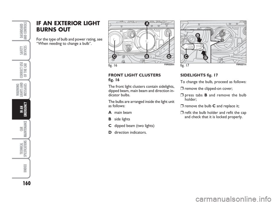 FIAT LINEA 2008 1.G Owners Manual 160
WARNING
LIGHTS AND
MESSAGES
CAR
MAINTENANCE
TECHNICAL
SPECIFICATIONS
IINDEX
DASHBOARD
AND CONTROLS
SAFETY
DEVICES
CORRECT USE
OF THE 
CAR
IN AN
EMERGENCY
IF AN EXTERIOR LIGHT
BURNS OUT
For the typ