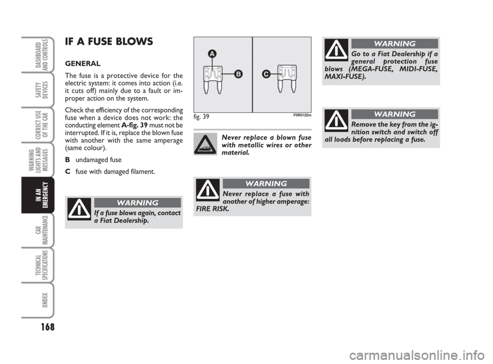 FIAT LINEA 2008 1.G Owners Manual 168
WARNING
LIGHTS AND
MESSAGES
CAR
MAINTENANCE
TECHNICAL
SPECIFICATIONS
IINDEX
DASHBOARD
AND CONTROLS
SAFETY
DEVICES
CORRECT USE
OF THE 
CAR
IN AN
EMERGENCY
IF A FUSE BLOWS
GENERAL
The fuse is a prot