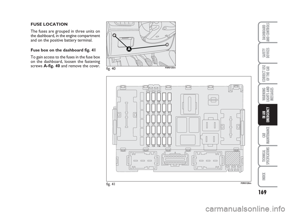 FIAT LINEA 2008 1.G Owners Manual 169
WARNING
LIGHTS AND
MESSAGES
CAR
MAINTENANCE
TECHNICAL
SPECIFICATIONS
INDEX
DASHBOARD
AND CONTROLS
SAFETY
DEVICES
CORRECT USE
OF THE 
CAR
IN AN
EMERGENCY
FUSE LOCATION
The fuses are grouped in thre