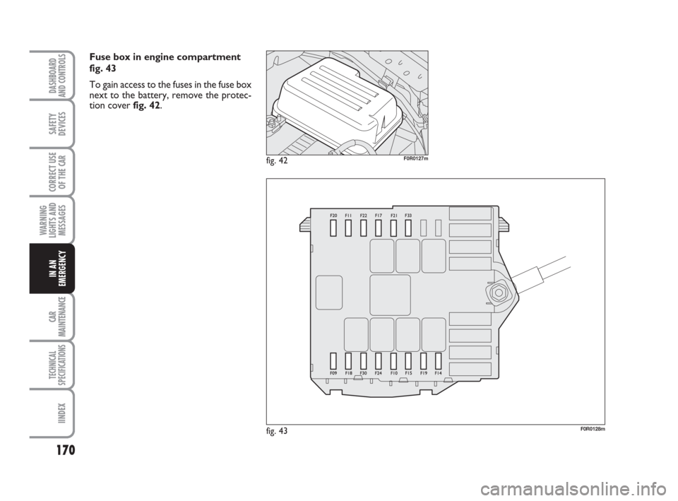 FIAT LINEA 2008 1.G Owners Manual 170
WARNING
LIGHTS AND
MESSAGES
CAR
MAINTENANCE
TECHNICAL
SPECIFICATIONS
IINDEX
DASHBOARD
AND CONTROLS
SAFETY
DEVICES
CORRECT USE
OF THE 
CAR
IN AN
EMERGENCY
Fuse box in engine compartment
fig. 43
To 