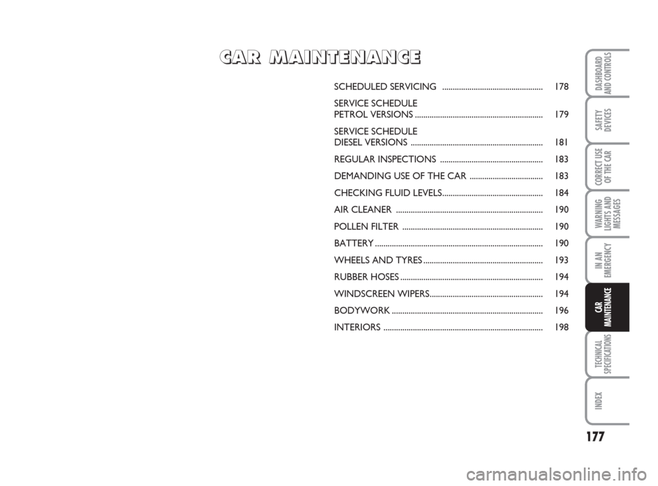 FIAT LINEA 2008 1.G Owners Manual 177
WARNING
LIGHTS AND
MESSAGES
TECHNICAL
SPECIFICATIONS
INDEX
DASHBOARD
AND CONTROLS
SAFETY
DEVICES
CORRECT USE
OF THE CAR
IN AN
EMERGENCY
CAR
MAINTENANCE
SCHEDULED SERVICING  .......................