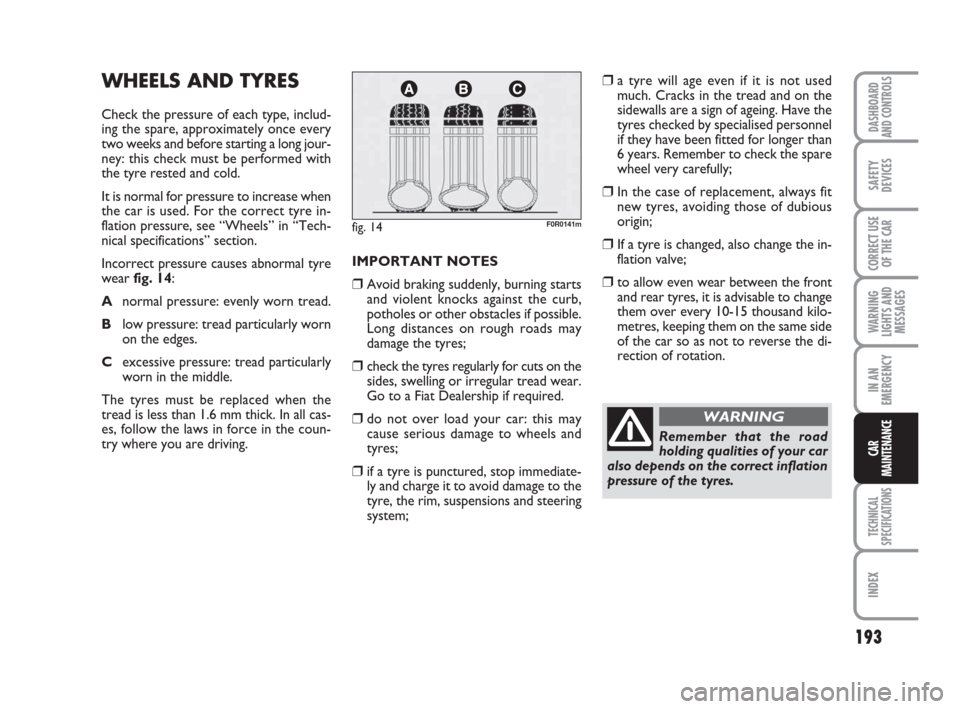 FIAT LINEA 2008 1.G Owners Manual 193
WARNING
LIGHTS AND
MESSAGES
TECHNICAL
SPECIFICATIONS
INDEX
DASHBOARD
AND CONTROLS
SAFETY
DEVICES
CORRECT USE
OF THE CAR
IN AN
EMERGENCY
CAR
MAINTENANCE
WHEELS AND TYRES
Check the pressure of each 