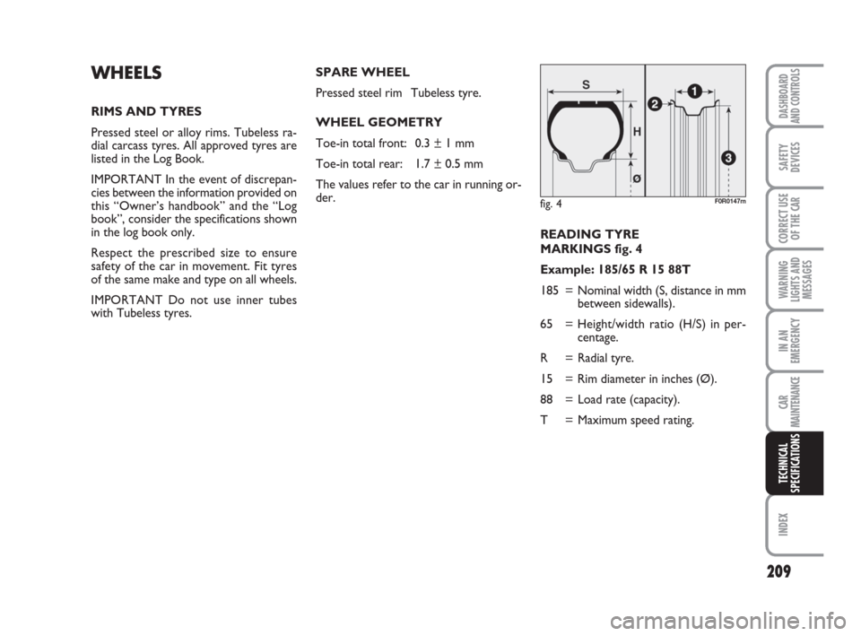 FIAT LINEA 2008 1.G Owners Manual 209
WARNING
LIGHTS AND
MESSAGES
INDEX
DASHBOARD
AND CONTROLS
SAFETY
DEVICES
CORRECT USE
OF THE 
CAR
IN AN
EMERGENCY
CAR
MAINTENANCE
TECHNICAL
SPECIFICATIONS
READING TYRE 
MARKINGS fig. 4
Example: 185/