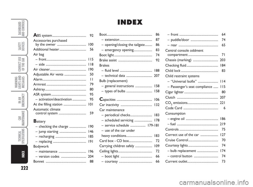 FIAT LINEA 2008 1.G Owners Manual 222
WARNING
LIGHTS AND
MESSAGES
DASHBOARD
AND CONTROLS
SAFETY
DEVICES
CORRECT USE
OF THE 
CAR
IN AN
EMERGENCY
CAR
MAINTENANCE
TECHNICAL
SPECIFICATIONS
INDEX
Boot ......................................
