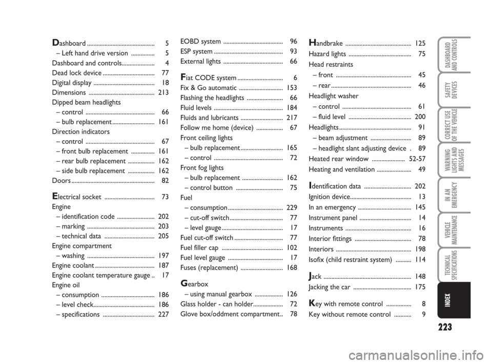 FIAT LINEA 2008 1.G Owners Manual 223
WARNING
LIGHTS AND
MESSAGES
DASHBOARD
AND CONTROLS
SAFETY
DEVICES
CORRECT USE
OF THE 
VEHICLE
IN AN
EMERGENCY
VEHICLE
MAINTENANCE
TECHNICAL
SPECIFICATIONS
INDEX
EOBD system .......................