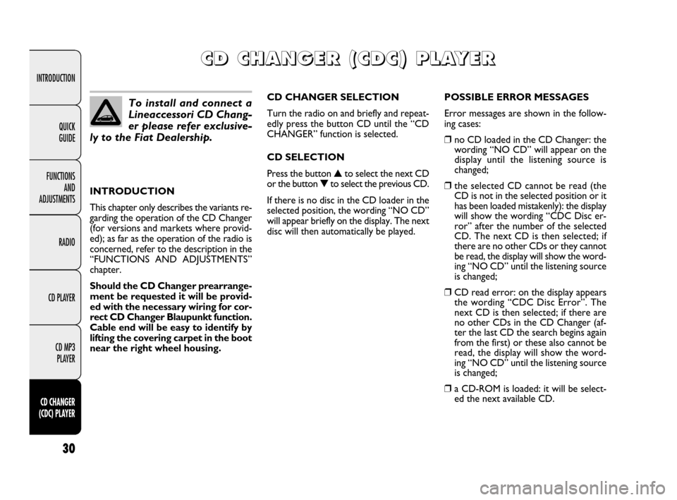 FIAT LINEA 2009 1.G Radio CD MP3 Manual 30
INTRODUCTION
FUNCTIONS
AND
ADJUSTMENTS
RADIO
CD PLAYER
CD MP3
PLAYER
CD CHANGER
(CDC) PLAYER
QUICK
GUIDE
INTRODUCTION
This chapter only describes the variants re-
garding the operation of the FIAT LINEA 2009 1.G Radio CD MP3 Manual 30
INTRODUCTION
FUNCTIONS
AND
ADJUSTMENTS
RADIO
CD PLAYER
CD MP3
PLAYER
CD CHANGER
(CDC) PLAYER
QUICK
GUIDE
INTRODUCTION
This chapter only describes the variants re-
garding the operation of the