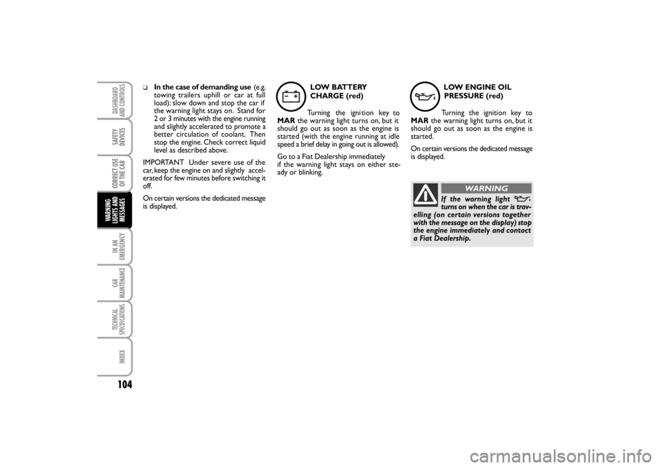 FIAT LINEA RHD 2010 1.G Owners Manual LOW ENGINE OIL
PRESSURE (red)
Turning the ignition key to
MARthe warning light turns on, but it
should go out as soon as the engine is
started.
On certain versions the dedicated message
is displayed.
