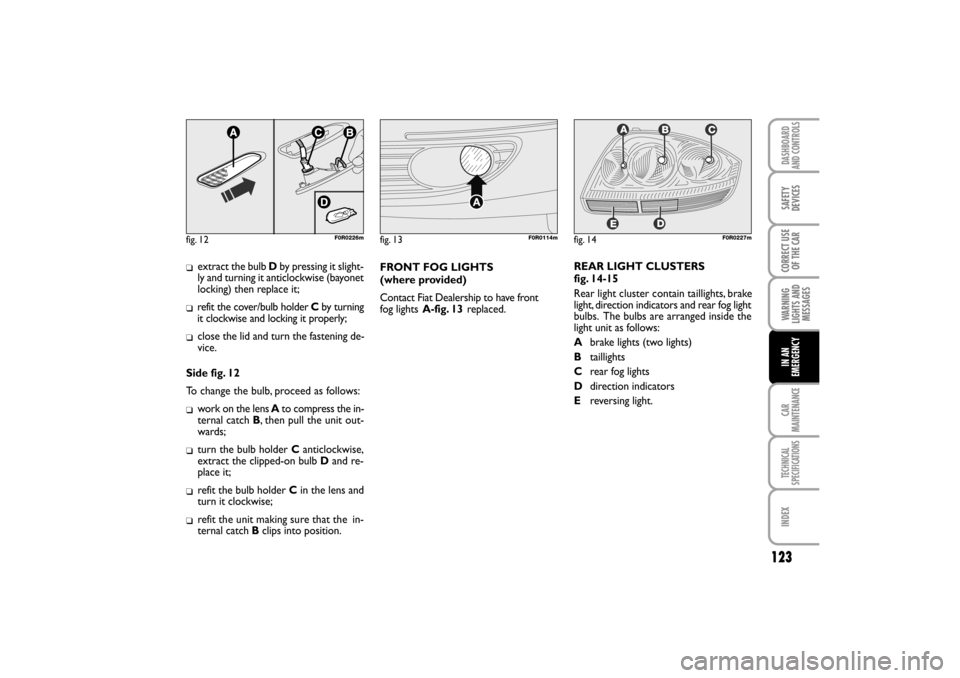 FIAT LINEA RHD 2010 1.G Owners Manual extract the bulb Dby pressing it slight-
ly and turning it anticlockwise (bayonet
locking) then replace it;
refit the cover/bulb holder Cby turning
it clockwise and locking it properly;
close the l